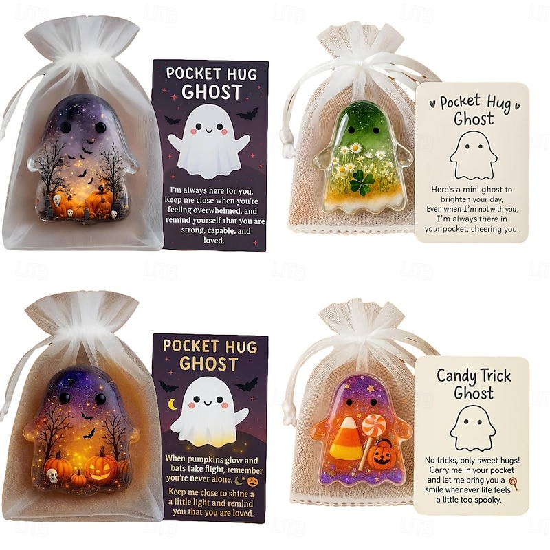 Halloween Pocket Hug Ghost with Encouragement Card Cute Mini Charm Inspirational Gift for Friends Hand Carved Gemstone Ghost Statue Sculpture for Home Desk Decor