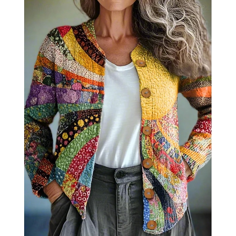 Women's Cardigan Sweater Knitted Ribbed Button Front Round Neck Long Sleeve Lightweight Vintage Floral Crew Neck Print Regular Tops Knit Outdoor Home Daily Yellow Light Brown Fall Winter2
