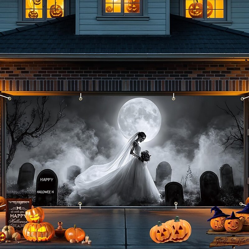 Halloween Tapestry Garage Door Cover Large Hanging Backdrop Ghost Bride Dark Punk Gothic Style Party Outdoor Shooting Backgrounds Yard Haunted House Home Decor