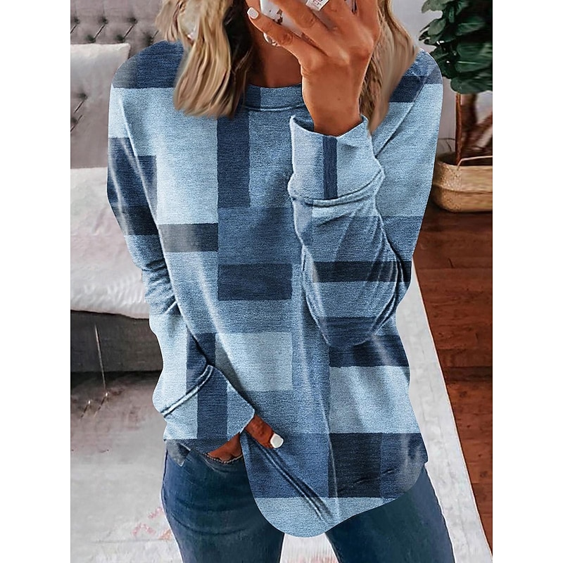 Women's Sweatshirts Graphic Geometric Vintage Casual Long Sleeve Crew Neck Regular Tops Dailywear Casual Print Blue Brown Dark Blue Gray Summer Spring Fall