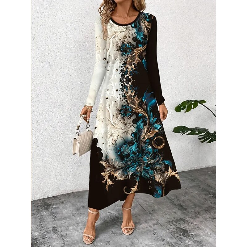Women's Maxi Dress Sheath Dress T Shirt Dress Tee Dress Vacation Casual Boho Holiday Date Regular Fit Floral Graphic Geometric Long Sleeve Crew Neck Dark Blue Spring Fall Winter2