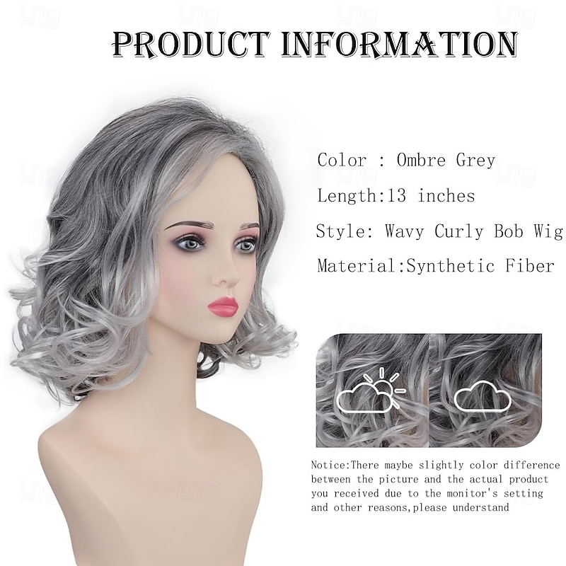 Medium Grey Wavy Bob Wigs for Women Gray to White Layered Wig Old Lady Synthetic Wig for Daily Party Costume Halloween Use2