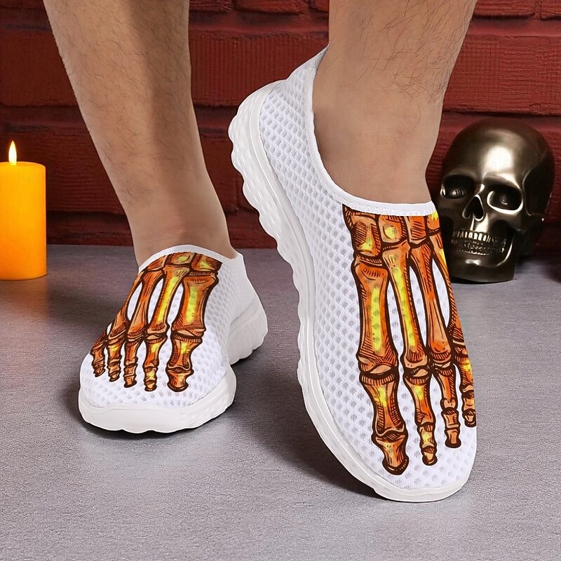 Men's Flyknit Slip-On Sneakers with 3D Skeleton Foot Print – Lightweight Breathable Casual Shoes for Halloween Parties & Cosplay