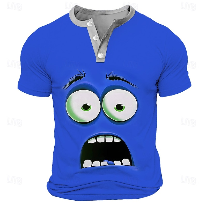 Men's Cartoon Human face T Shirt Henley Shirt Short Sleeve Designer Retro Vintage Casual Street Casual Daily Summer Spring Yellow Green Red Blue Purple Henley Henley T-Shirt2