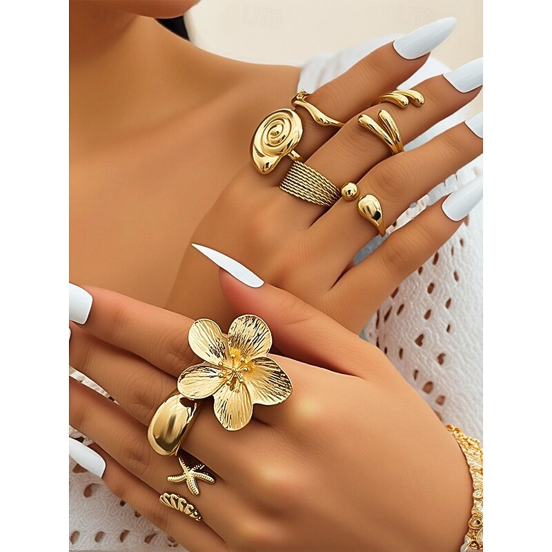 Women's 8-Piece Gold Alloy Adjustable Ring Set – Bohemian Statement Jewelry with Floral, Shell, and Geometric Designs for Parties, Weddings and Everyday Wear
