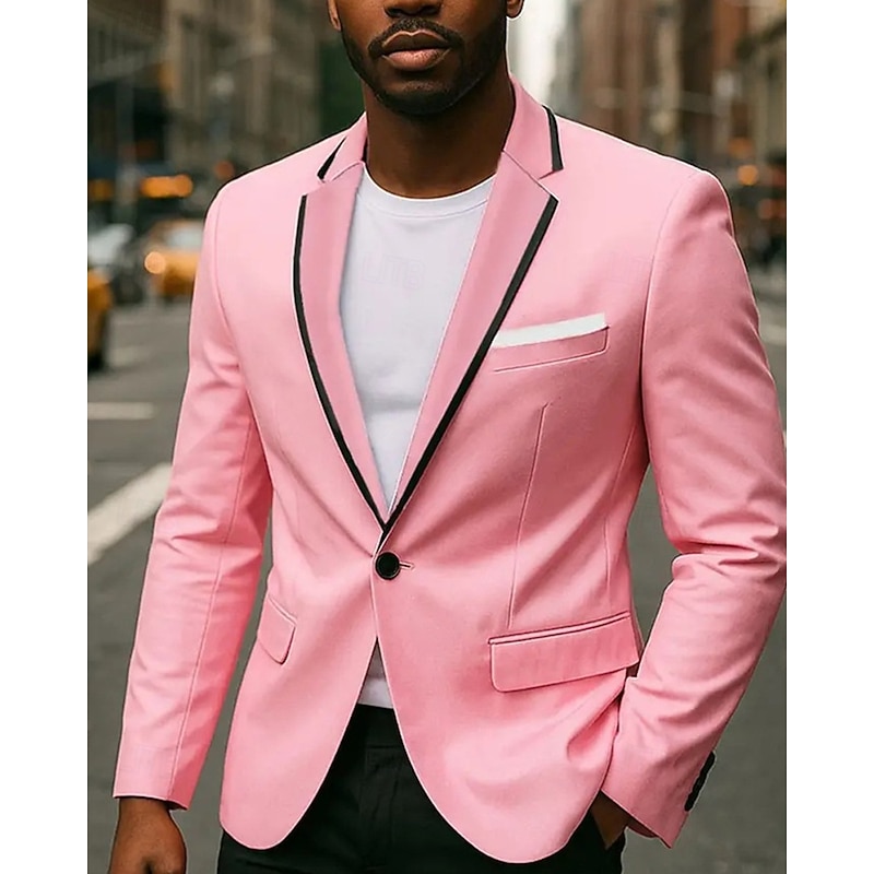 Men's Blazer Business Cocktail Party Wedding Party Fashion Casual Spring Fall Polyester Color Block Pocket Buttons Comfortable Single Breasted Blazer Black White Pink Red