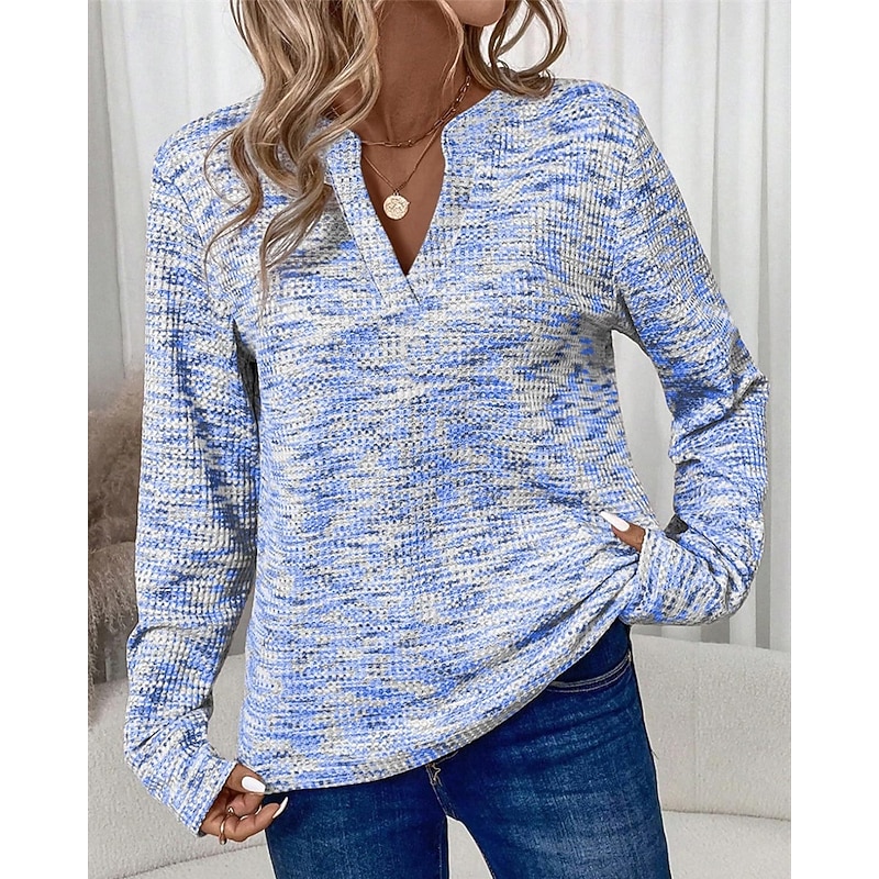 Women's Sweater Fashion Solid Color Ribbed V Neck Knitted Long Sleeve Regular Tops Knit Holiday Going out Weekend Blue Fall2