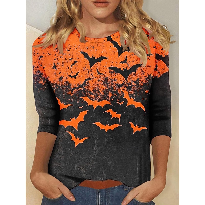 Halloween Women's T shirt Bat Long Sleeve Ombre Graphic Vintage Fashion Stylish Long Sleeve Crew Neck Round Neck Regular Tops Daily Weekend Print Blue Purple Orange Green Spring Fall Prefall