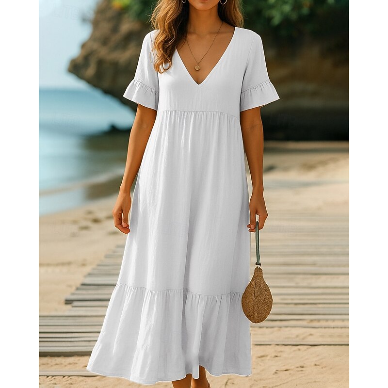 Women's Midi Dress Peplum Dresses Ruched Dress Fashion Modern Outdoor Going out Weekend Regular Fit Plain Short Sleeve V Neck White Blue Orange Green Fall2