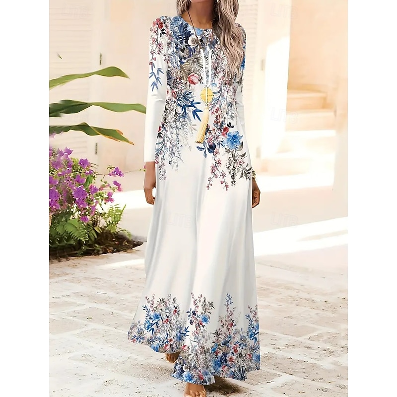 Women's Maxi Dress Sheath Dress A Line Dress Casual Boho Wedding Guest Daily Graduation Regular Fit Floral Graphic Long Sleeve Crew Neck White Spring Fall Winter Autumn