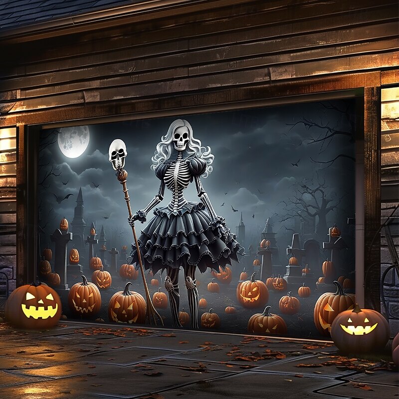 Halloween Garage Door Cover Large Hanging Backdrop Skeleton Pumpkin Dark Punk Gothic Style Party Outdoor Shooting Backgrounds Front Door Home Decor3