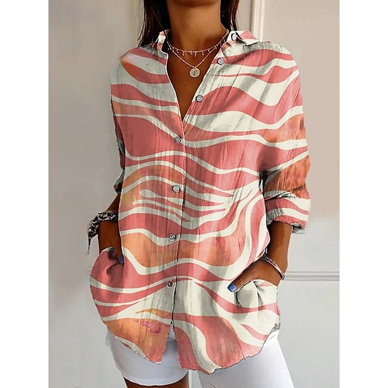 Women's Shirt Graphic Geometric Vintage Daily Casual Long Sleeve Shirt Collar Regular Tops Daily Holiday Print Pink Green Khaki Summer Spring