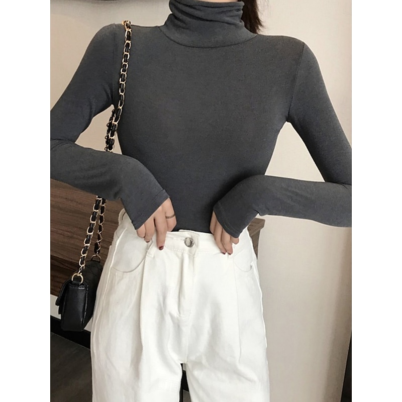 Women's Blouse Solid Color Stylish Casual Long Sleeve Turtleneck Regular Tops Daily Ruched Black White Pink Wine Blue Summer Spring Fall2