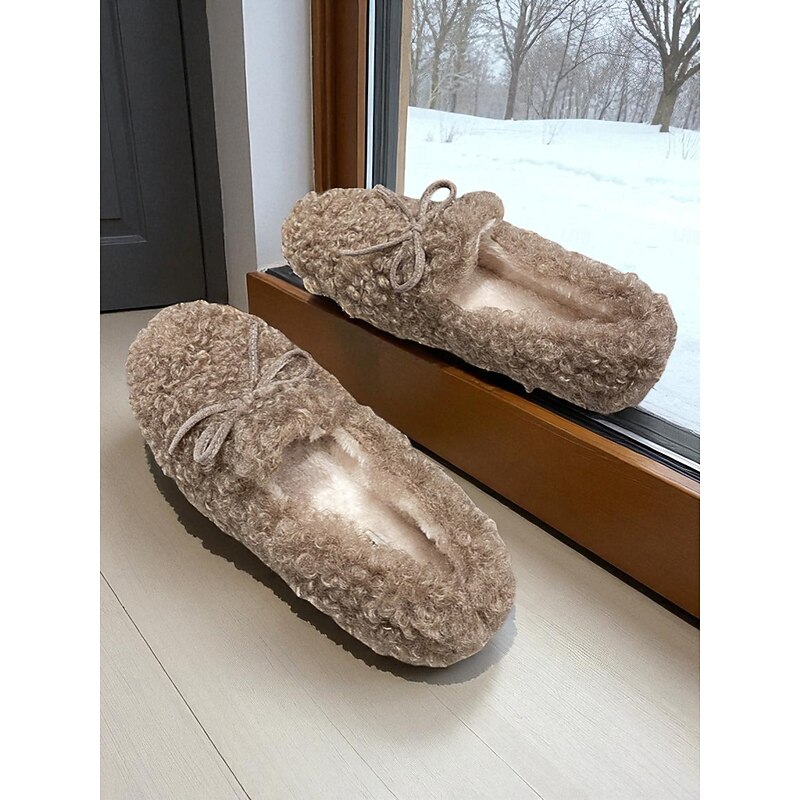 Women's Beige Fleece Loafers – Cozy Faux Shearling Slip-On Flats with Bow Detail, Warm Winter Indoor Outdoor Shoes for Home, Travel, and Casual Wear2