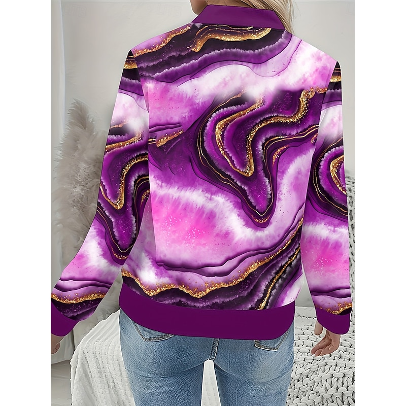 Women's Casual Jacket Warm Quick Dry Zipper Pocket Fashion Daily Casual Abstract Vacation Casual Daily Regular Baseball Collar Regular Fit Long Sleeve Outerwear Red Blue Purple Spring Fall2
