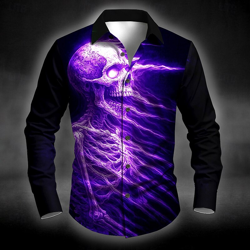 Halloween Men's Skull Flame Halloween Costumes Shirt Button Up Shirt Long Sleeve Dark Punk Gothic Style Outdoor Holiday Summer Spring Turndown 3D Print Collared Shirts Blue Purple Orange Green Gray4