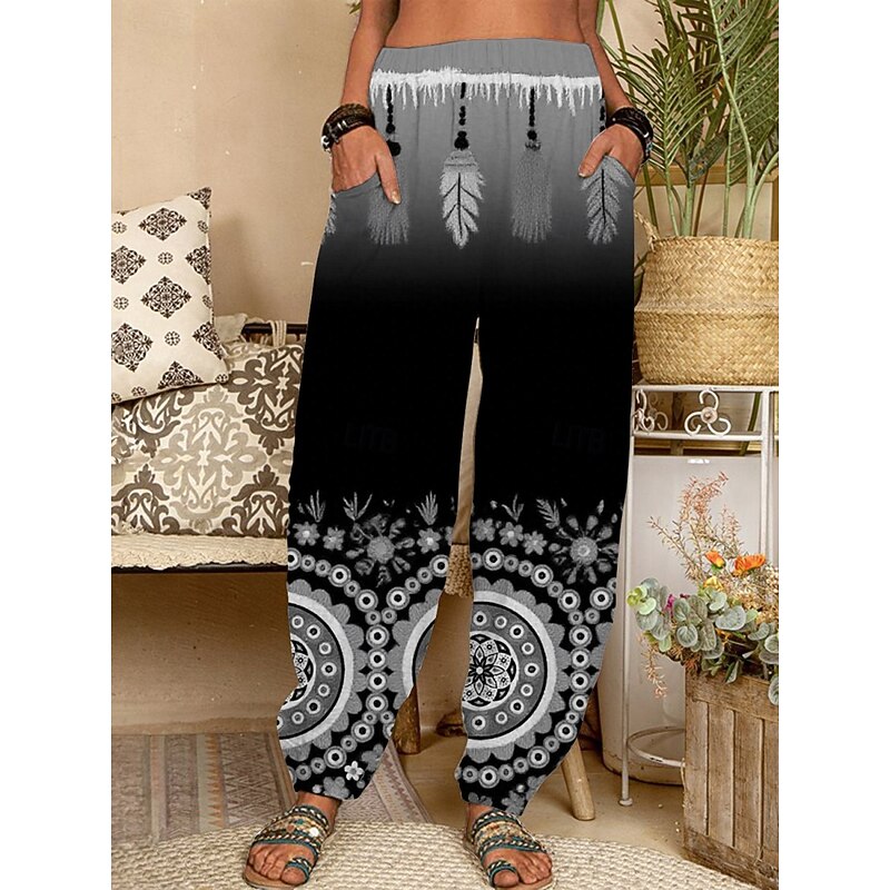 Women's Chinos Pants Trousers Vintage Ethnic Style Long High Waist Graphic Feather Pocket Elastic Waist Printing Breathability Soft Micro-elastic Vacation Street Daily Wear Yellow Red Fuchsia Green2