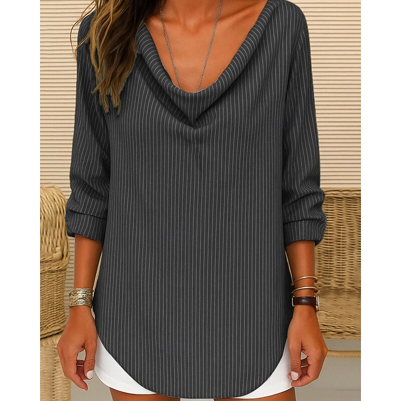 Women's T Shirt Striped Casual Long Sleeve V Neck Regular Tops Going out Weekend Asymmetrical Black Yellow Gray Light Blue Fall4