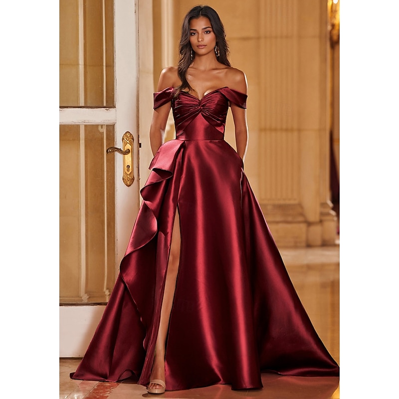 Burgundy Evening Gown Elegant Dress Formal Wedding Court Train Off Shoulder Sweetheart Stretch Satin with  Ruffles Slit and Pockets 2025