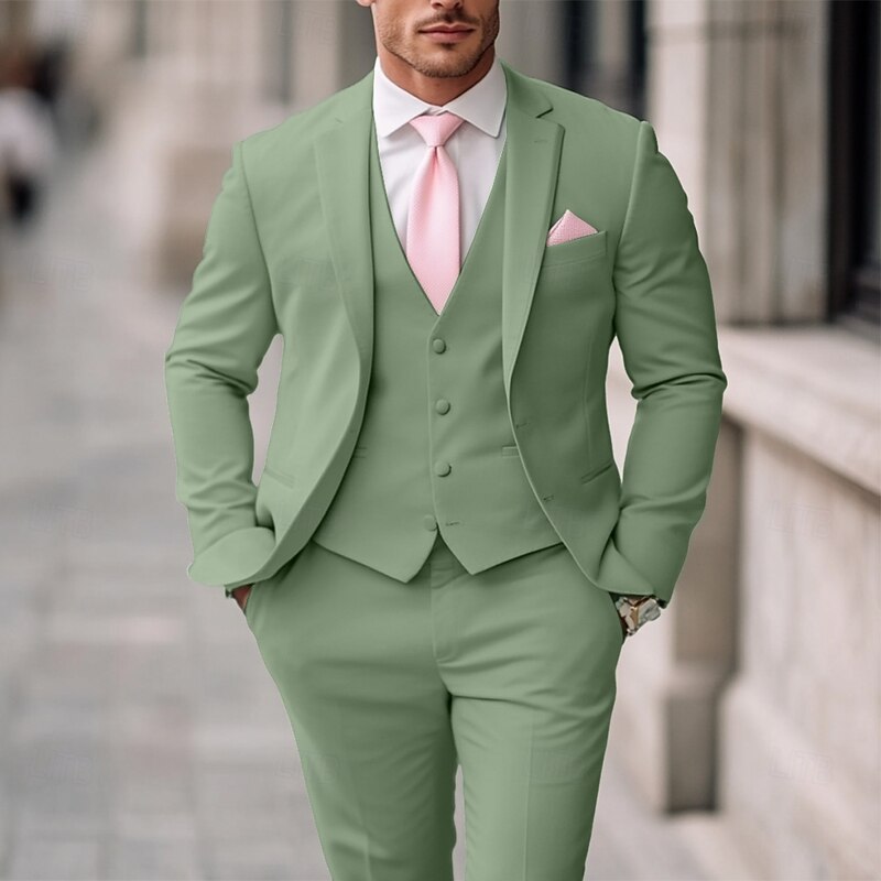 Men's Wedding Casual Party Suits Notch Lapel pea green Formal Solid Colored Slim Fit 3 Piece Single Breasted Two-buttons - Main Image