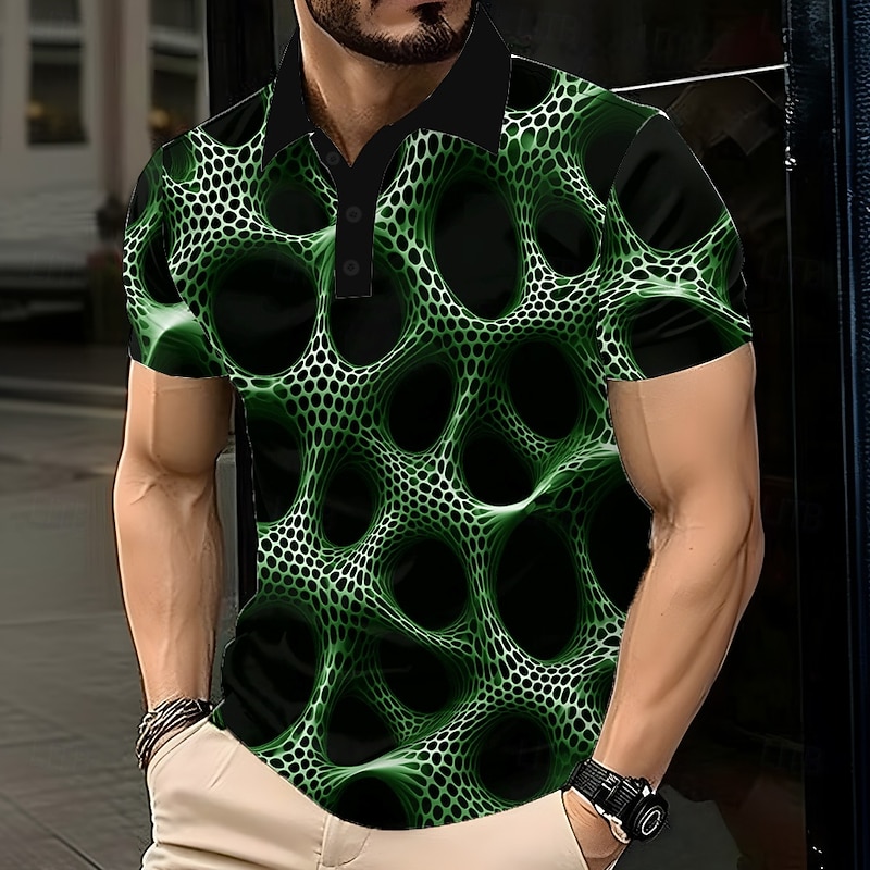 Men's Abstract Geometic Polo Short Sleeve Polo Shirts Lapel Business Casual Athleisure Daily Wear 3D Print Buttons Summer Black Purple Green3
