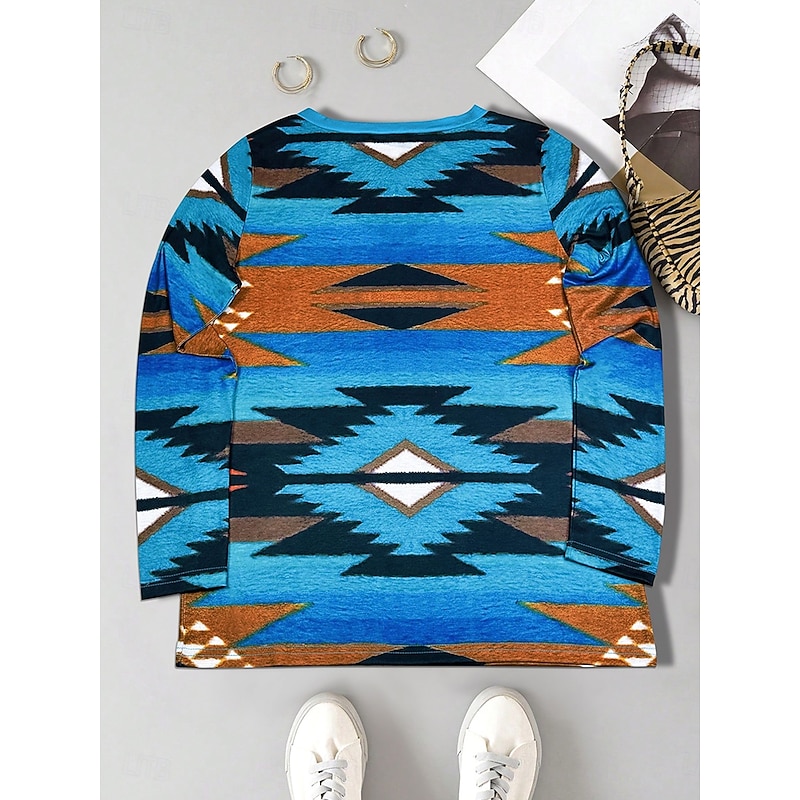 Women's T Shirt Graphic Geometric Tribal Vintage Stylish Casual Long Sleeve V Neck Regular Tops Daily Print Navy Blue Summer Spring Fall3