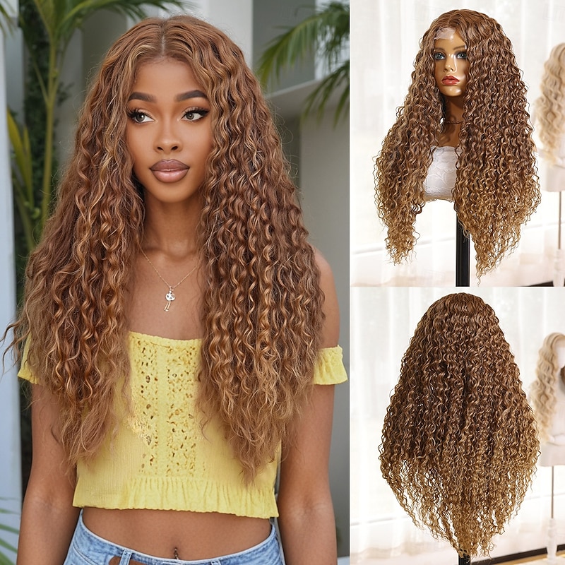 Synthetic Lace Wig Deep Curly Style 28 inch Light Brown Middle Part U Part Wig Women's Wig Light Brown
