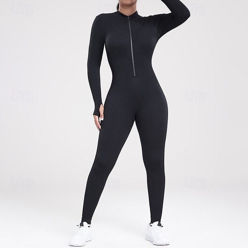 Women's Workout Jumpsuit One Piece Romper Fall Zip Up Solid Color Bodysuit Black Grey Gym Athletic Running Breathable Tummy Control Long Sleeve Sport Activewear2