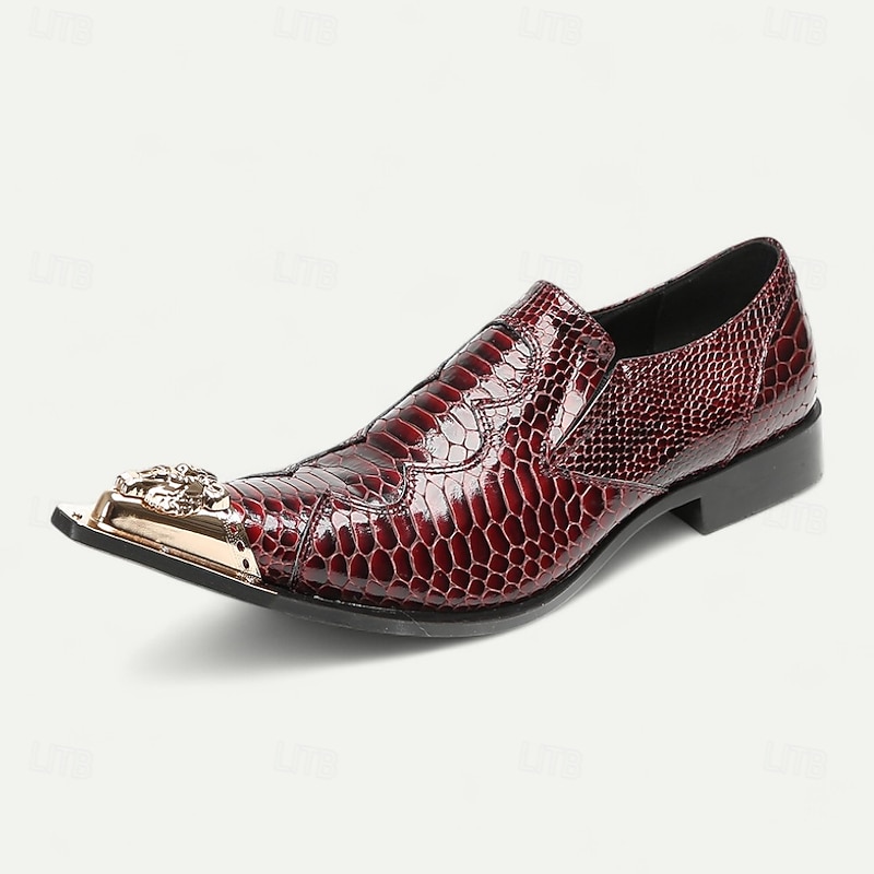 Men's Burgundy Crocodile Pattern Leather Dress Shoes with Metal Pointed Toe, Elegant Slip-On Loafers for Banquets, Business Events and Special Occasions2