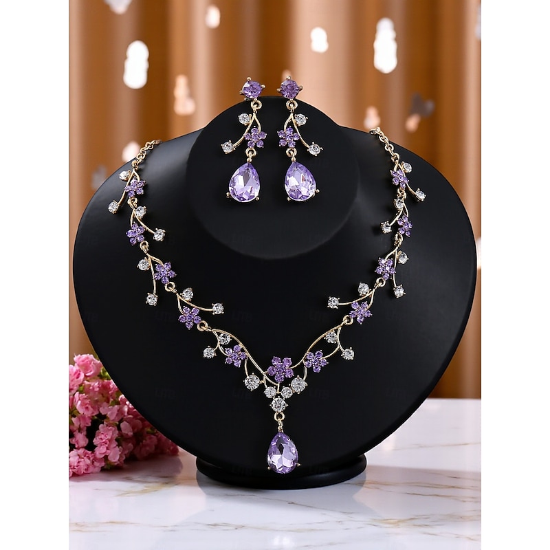 Women's Gold-Tone Floral Necklace and Earrings Set with Purple and Clear Crystals, Elegant Jewelry for Parties and Special Occasions