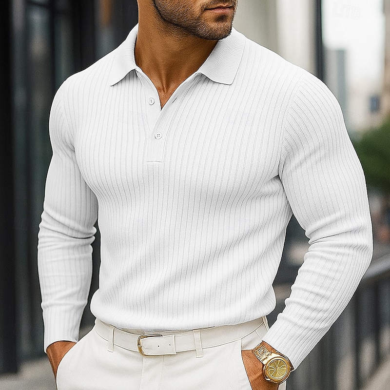 Men's Rib Knit Top Muscle Shirt Street Casual Lapel Long Sleeve Basic Modern Plain Vertical Stripes Buttons Spring Fall All Seasons Slim Fit White Blue Navy Blue Grey Rib Knit Top