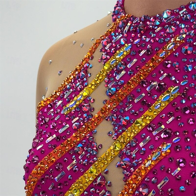 Figure Skating Dress Women's Girls' Ice Skating Dress Rose Red Patchwork Open Back Mesh Spandex High Elasticity Training Competition Skating Wear Classic Crystal / Rhinestone Long Sleeve Ice Skating3