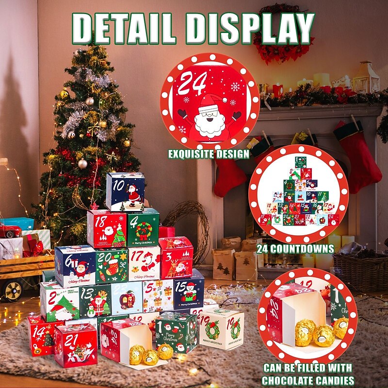 24pcs Christmas Advent Calendar Gift Box, Holiday Candy and Cookie Boxes, Festive Countdown Surprise Gift Packaging, Seasonal Xmas Treat Organizer4