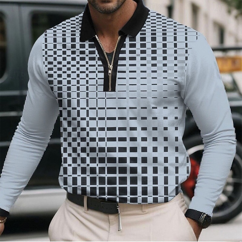 Men's Geometric Pattern Polo Long Sleeve Turndown Modern Casual Sports & Outdoor Athleisure Casual Daily Zipper 3D Print Spring Fall Winter dark brown Light Brown White