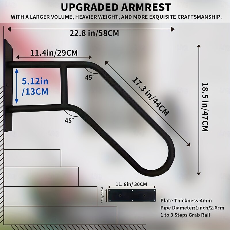 Matte Black Modern U-shaped 1pc Metal Handrail For Outdoor Steps, Wall-Mounted Safety Staircase Grab Rail, Modern Entryway Railing, With Plate Thickness And Installation Hardware3