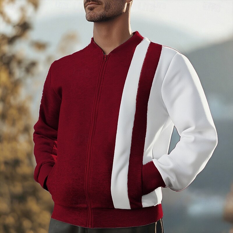 Men's Sweatshirt Full Zip Sweatshirt Black White Wine Navy Blue Khaki Standing Collar Color Block Patchwork Pocket Sports & Outdoor Daily Holiday Polyester Streetwear Basic Casual Spring Fall4