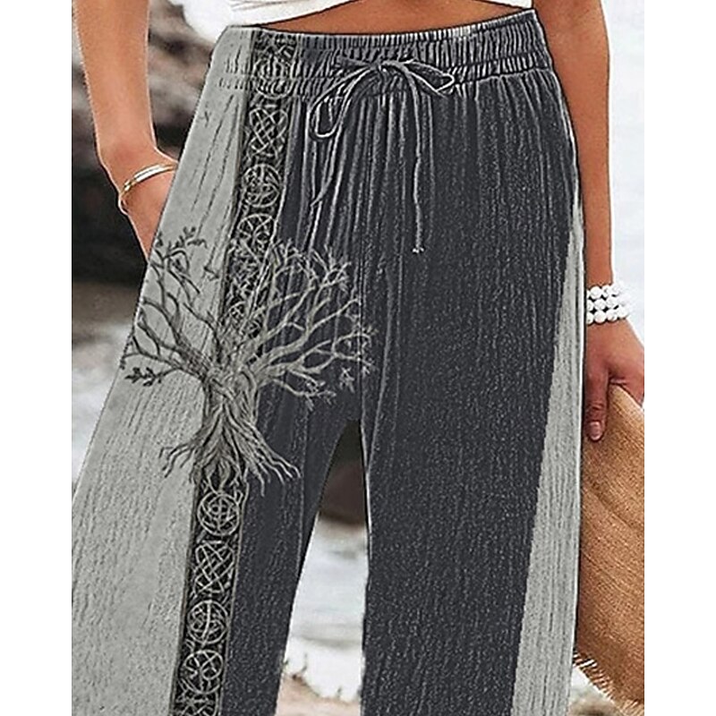 Women's Wide Leg Pants Trousers Palazzo Pants Fashion Boho Full Length High Waist Color Block Tree Drawstring Elastic Waist Print Breathability Comfortable Street Daily Wear Going out Gray Spring Fall2