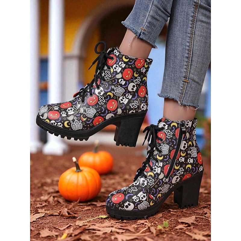 Women's Halloween Print Chunky Heel Lace-Up Ankle Boots – Spooky Skull & Pumpkin Pattern Gothic Style Combat Booties for Costume Parties & Fall Streetwear3
