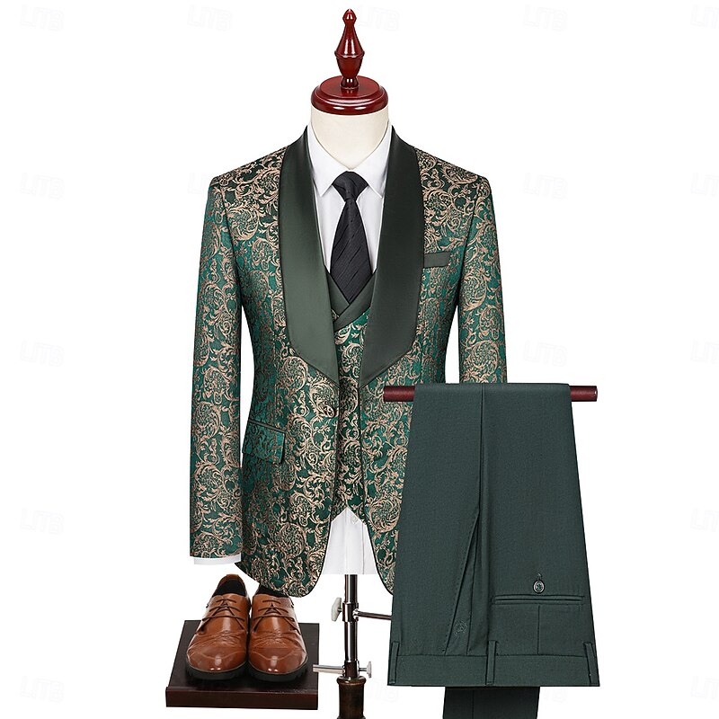 Men's Wedding Stage Party Suits Shawl Lapel Green Formal Jacquard Floral Slim Fit 3 Piece Single Breasted One-button2