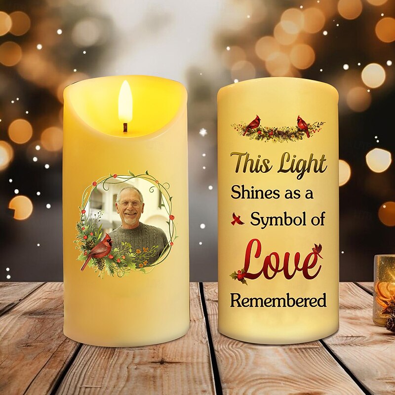 Personalized Memorial LED Candle Custom Photo Sympathy Christmas Gifts For Loss Of Loved Ones,The Light Shines as a Symbol of Love Memory Elegant Keepsake Light for Bedroom Home Decor Tribute Display3