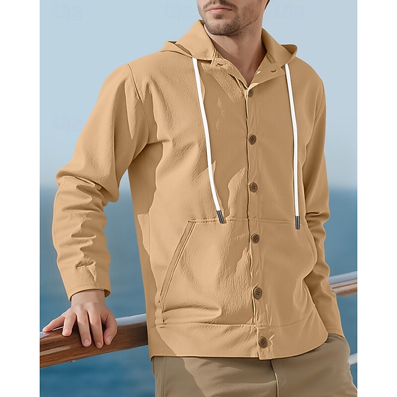 Men's Lightweight Jacket Casual Jacket Hoodie Jacket Vacation Daily Breathable Drawstring Pocket Spring Fall Plain Fashion Classic Hooded Regular Black White Yellow Navy Blue Khaki Jacket4