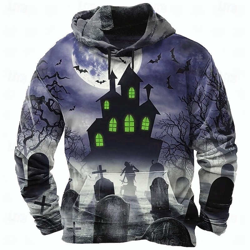 Halloween Men's Pumpkin 3D Castle Hoodie Sweatshirt Punk Exaggerated Long Sleeve Crew Neck Club Streetwear Blue Purple Drawstring Fall Winter Designer2
