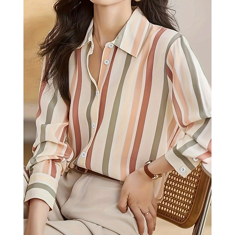 Women's Shirt Blouse Striped Modern Casual Long Sleeve Shirt Collar Regular Tops Daily Holiday Going out Print Purple Brown Fall4