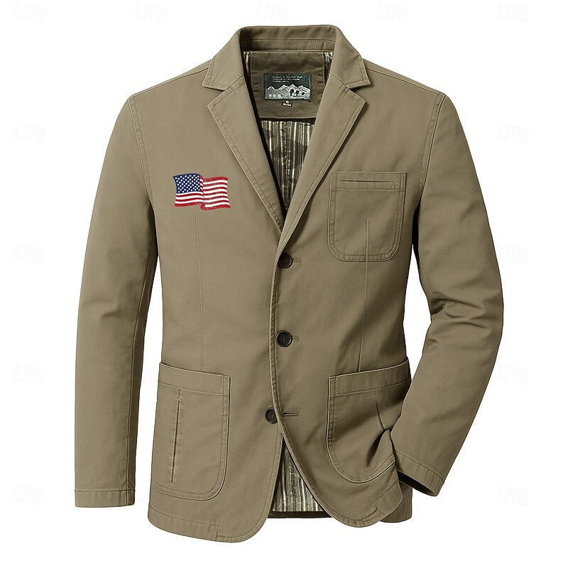 Men's American US Flag Blazer Cotton Suit Jacket Suits Coat Casual Outdoor Dailywear Multiple Pockets Three Button Stripe Lined Suit Jacket Fall Winter Notch lapel collar Long Sleeve Black khaki Army3