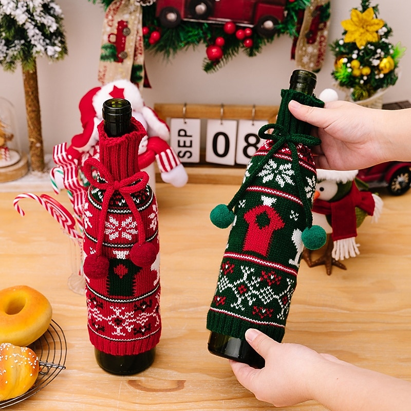 2Pcs Christmas Knitted Sweater Wine Bottle Covers with Bow and Pom Pom, Red Wine Bottle Sleeves for Bar Decoration and Holiday Party3