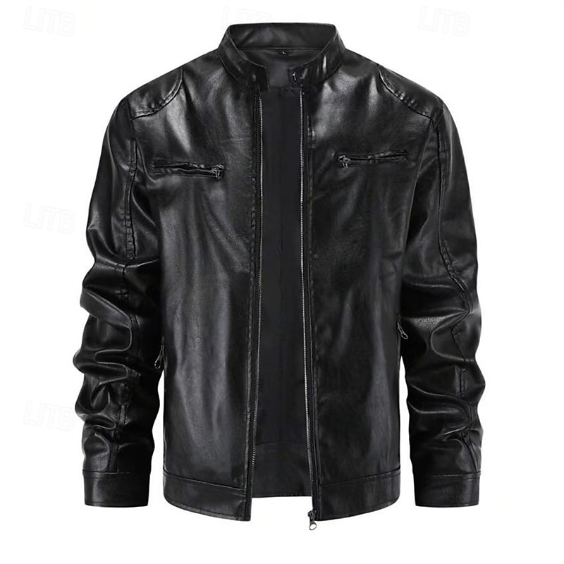 Men's Faux Leather Jacket Biker Jacket Motorcycle Jacket Vacation Daily Windproof Warm Pocket Fall Winter Plain Fashion Classic Stand Collar Regular Black Brown Jacket2