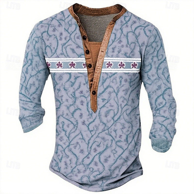 Men's Print Clover T Shirt Henley Shirt Long Sleeve Designer Retro Vintage Bohemian Street Casual Daily Summer Spring Fall Blue Brown Green khaki Grey Henley Henley T-Shirt4