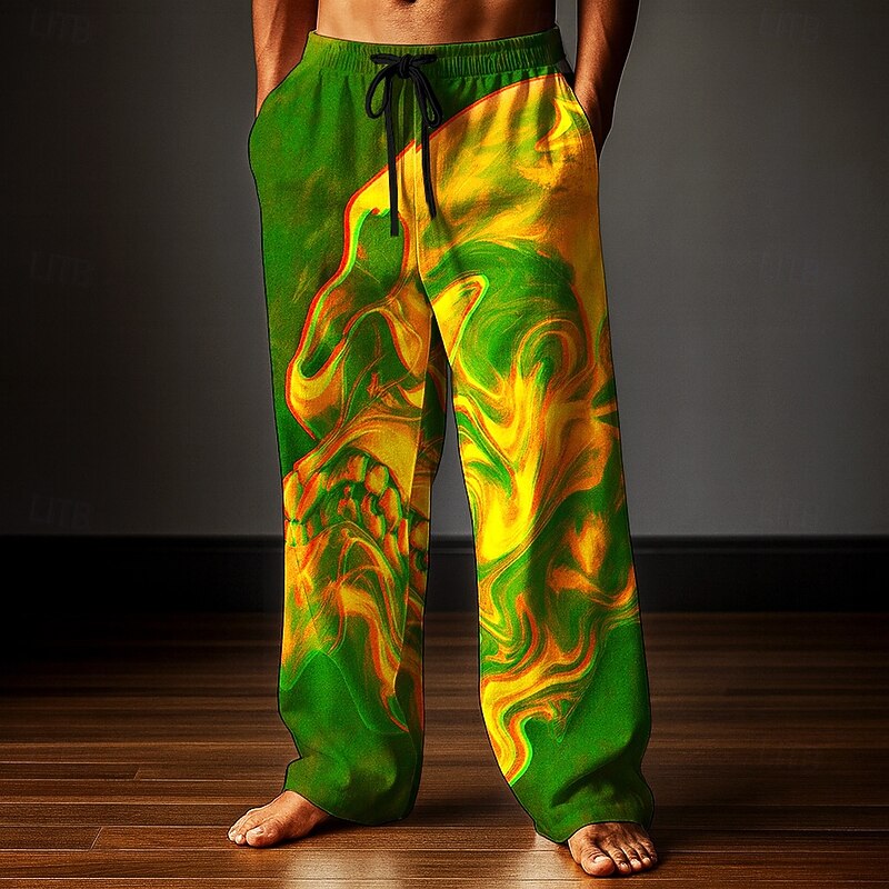 Halloween Men's Skull Halloween Costumes Trousers Baggy Pants Casual Pants Mid Waist Dark Gothic Style Holiday Elastic Drawstring Waist Linen-Like Pants with Pockets Spring Fall 3D Print Black Green2