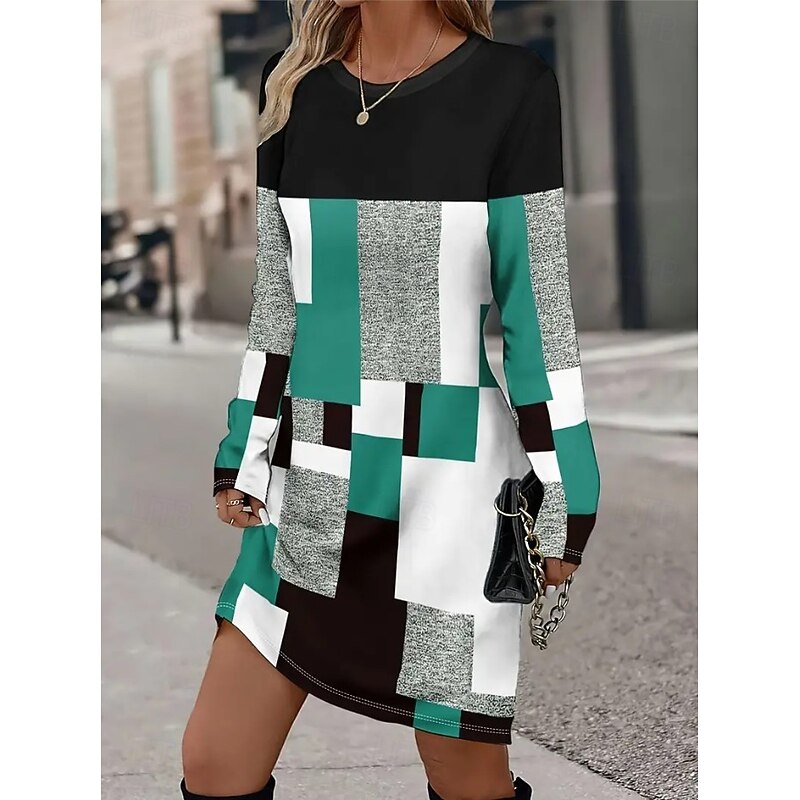 Women's Mini Dress Sweater Dress T Shirt Dress Tee Dress Shift Dress Casual Office Daily Holiday Regular Fit Graphic Geometric Long Sleeve Crew Neck Green Spring Fall Winter