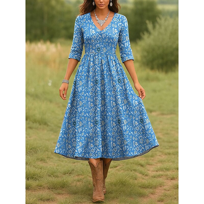 Women's Midi Dress Casual Dress A Line Dress Vacation Casual Regular Fit Floral Graphic 3/4 Length Sleeve V Neck Pink Red Navy Blue Blue Spring Fall4